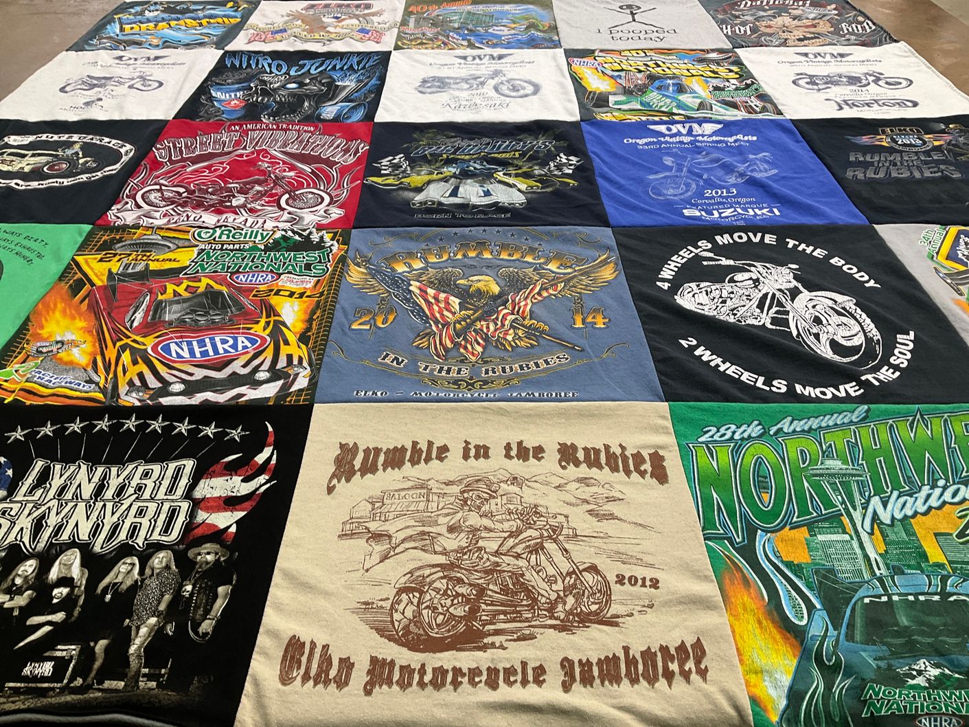 T-shirt quilt with motorcycles, auto racing themes by Barbara from OR