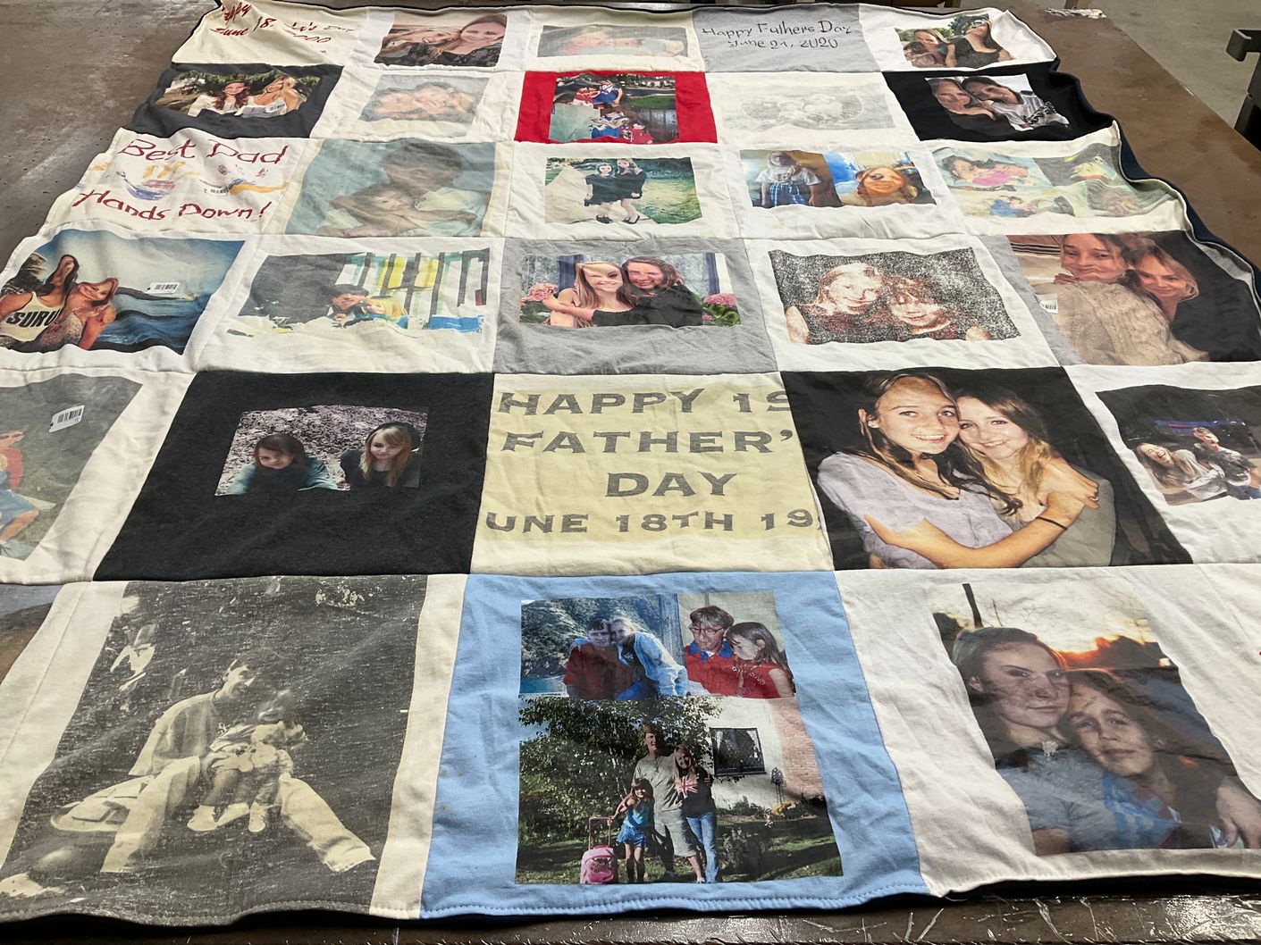 T-shirt quilt with family, celebration themes by Merle from CA