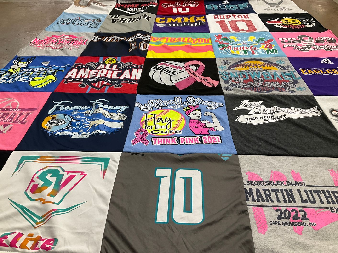 T-shirt quilt with softball, volleyball themes by Stephen from IL