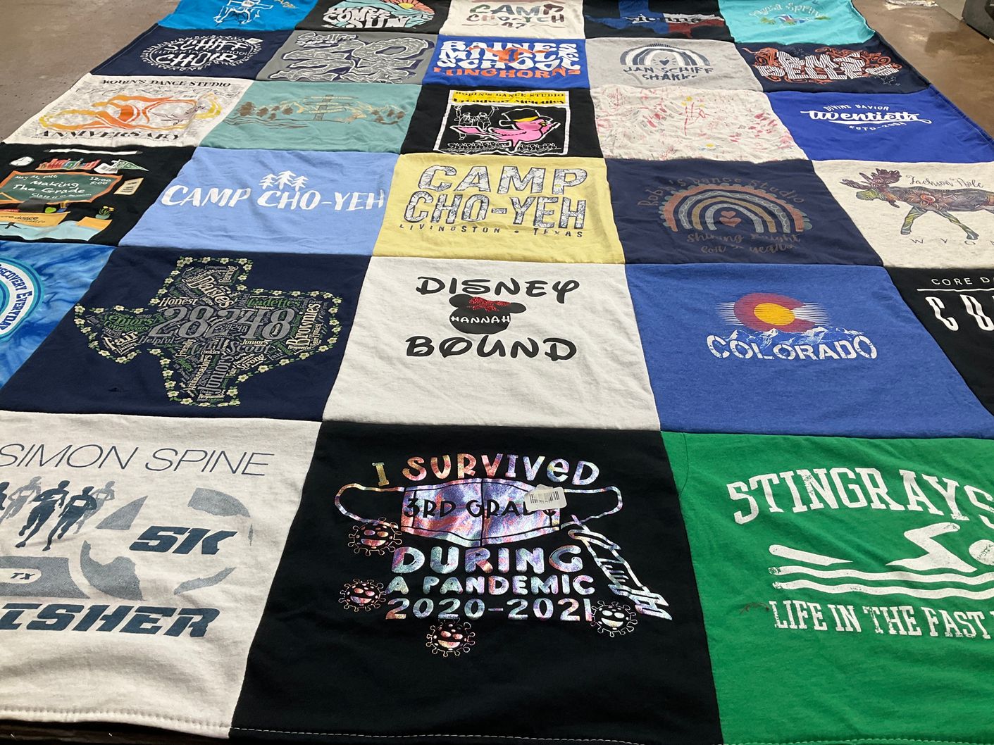 T-shirt quilt with camps, events themes by Tanja from TX