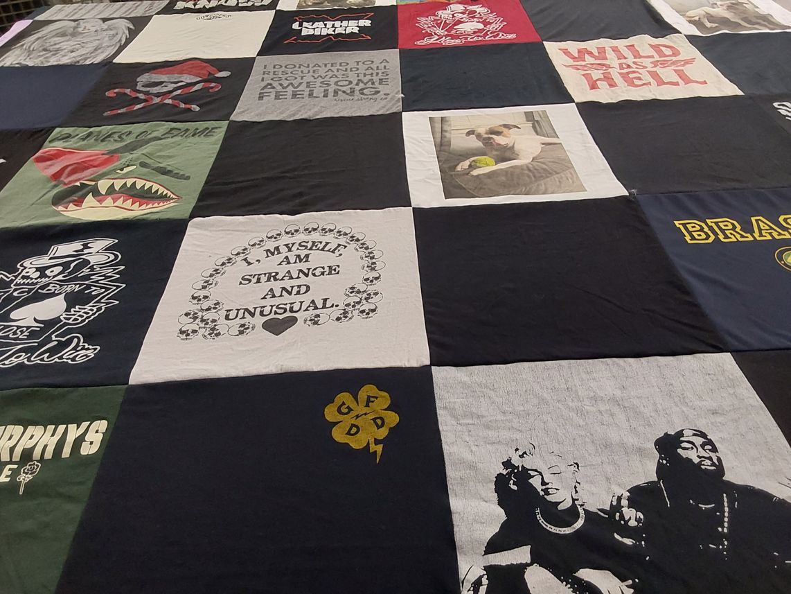 T-shirt quilt with pets, music themes by Candice from PA