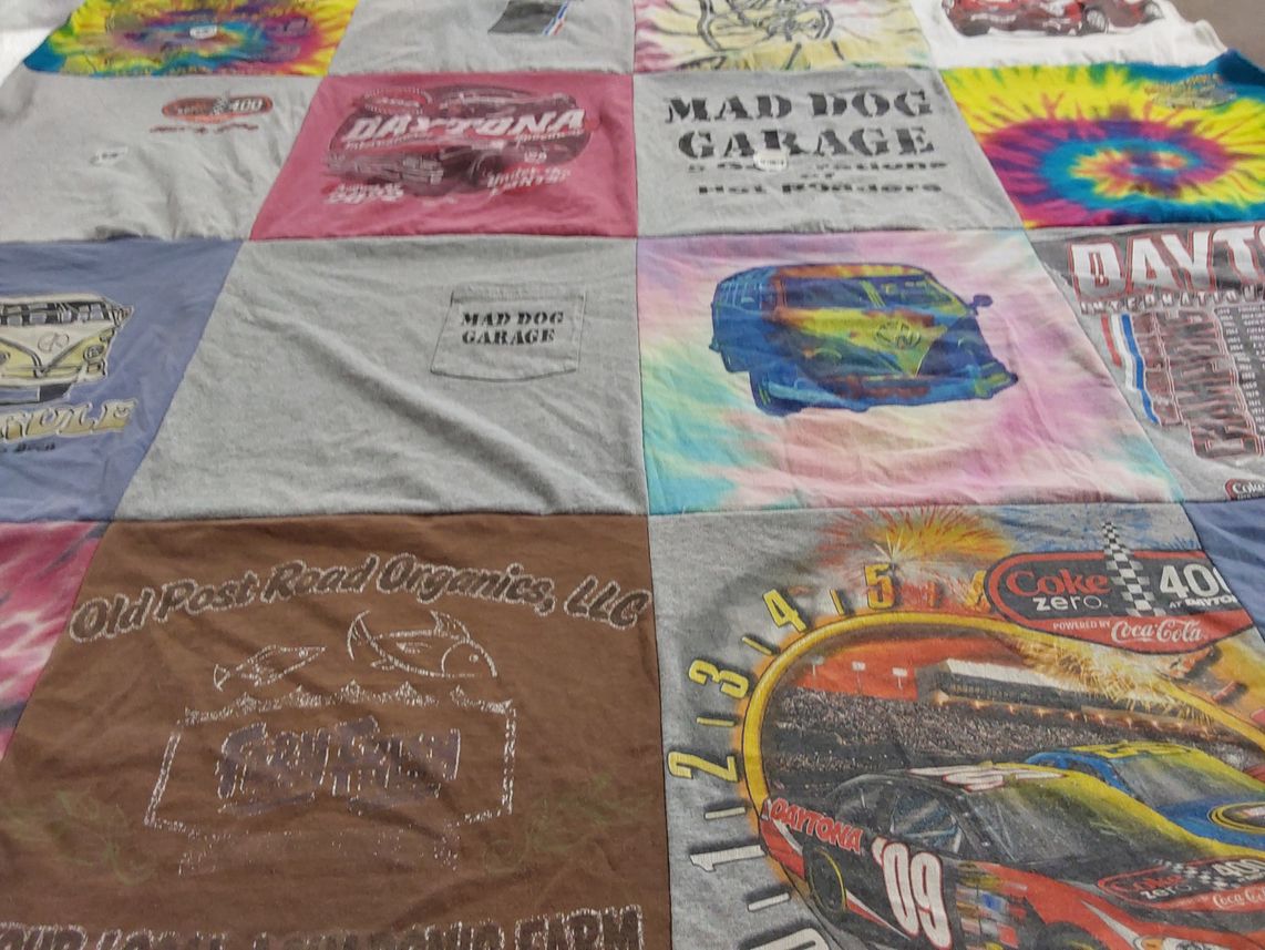 T-shirt quilt with racing, cars themes by Mary from GA