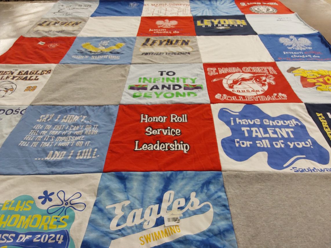 T-shirt quilt featuring eagles swimming, leyden volleyball by Olivia from IL