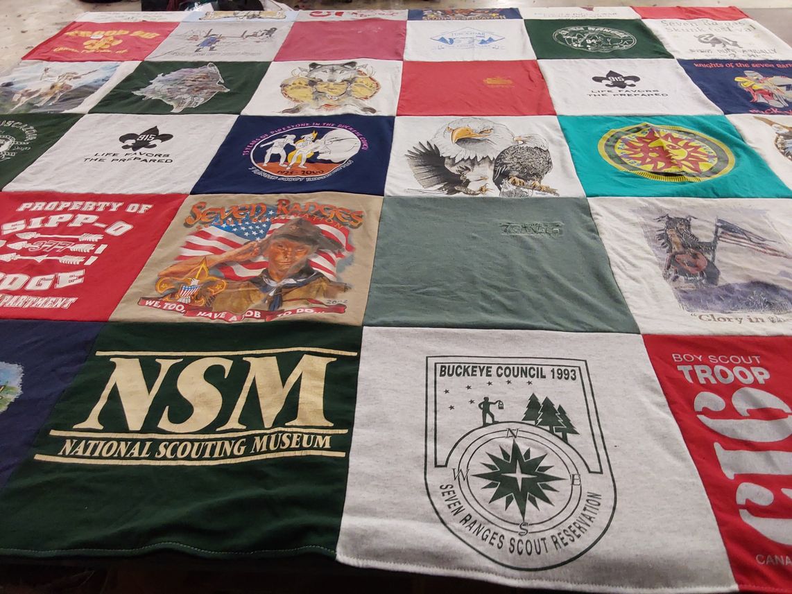 T-shirt quilt with scouting, outdoors themes by Thomas from OH