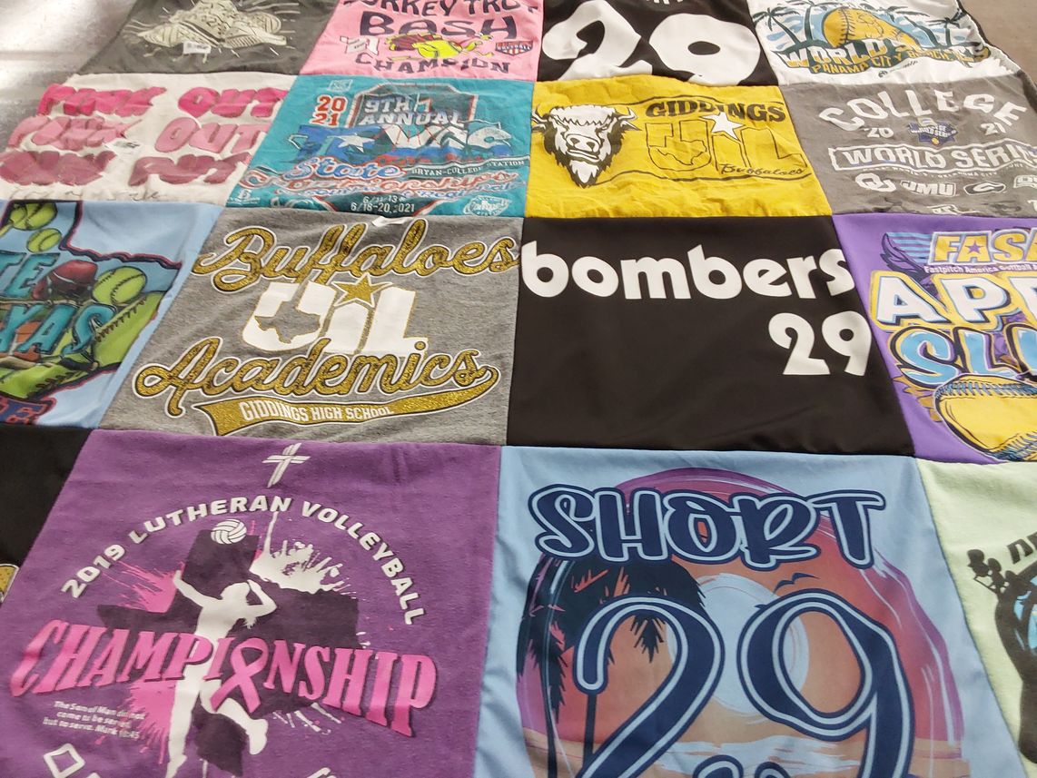 T-shirt quilt featuring giddings high school bombers by Carla M from TX