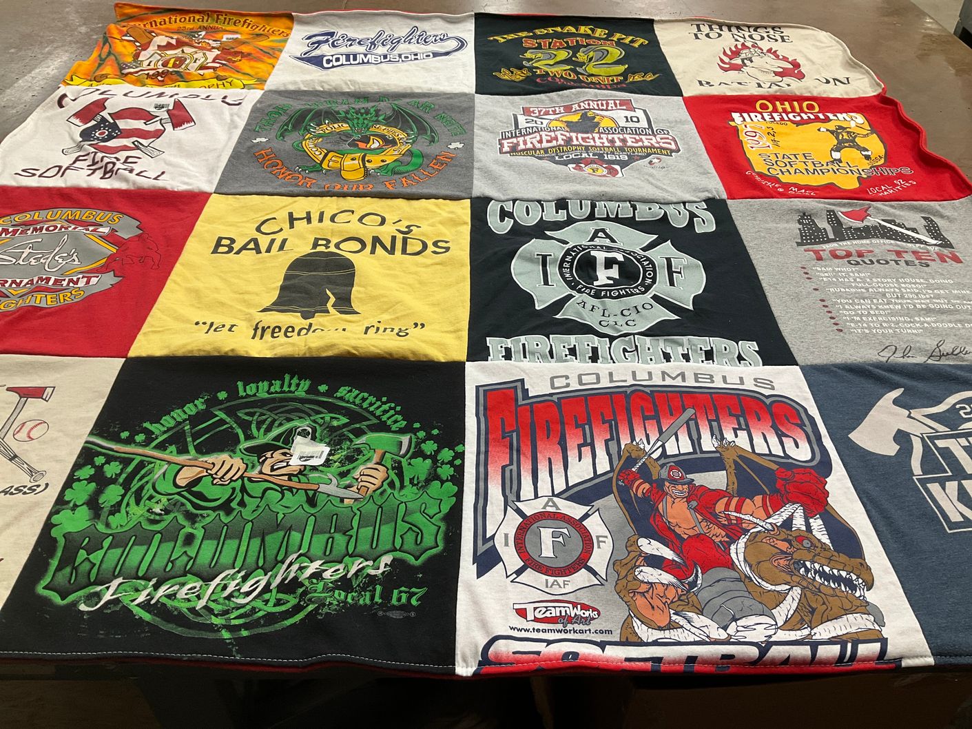 T-shirt quilt with firefighting, sports themes by Steve from OH