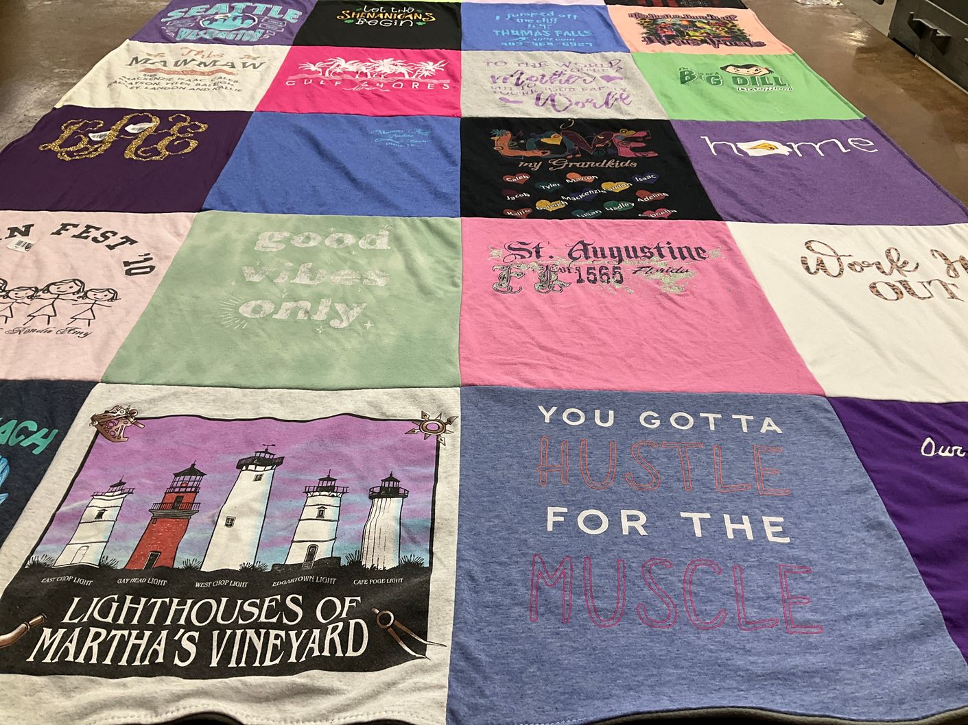T-shirt quilt with beaches, lighthouses themes by Lisa from IA