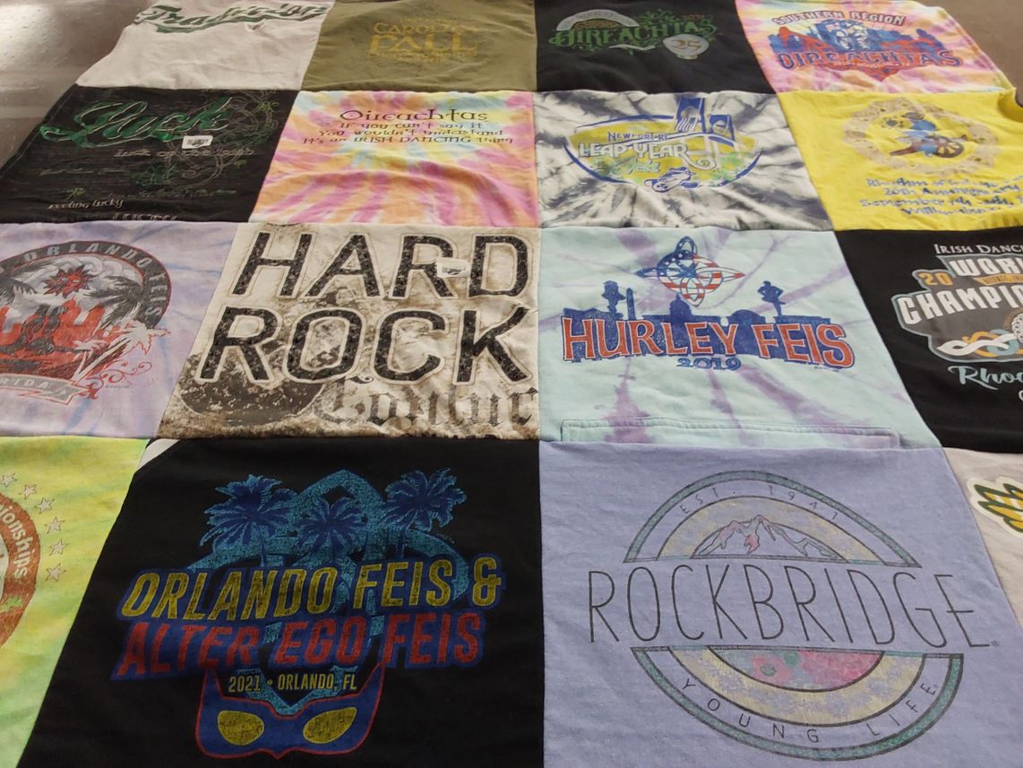 T-shirt quilt with irish dancing, rock music themes by Kelli from VA