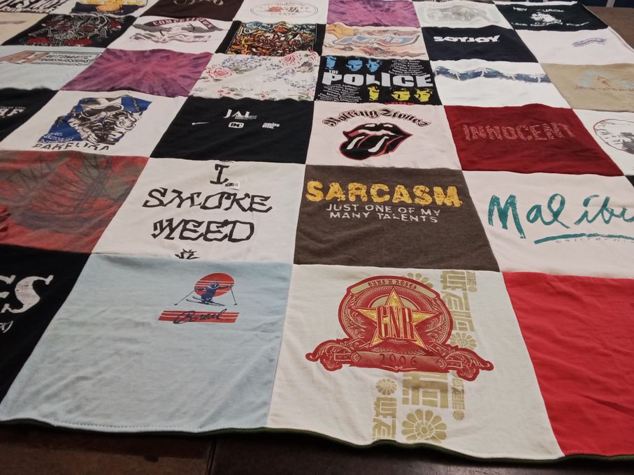 T-shirt quilt with music, drugs themes by Joy from LA