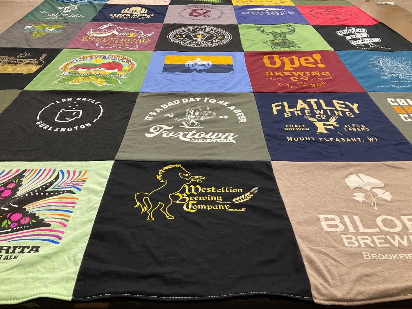 T-shirt quilt with brewing, craft beer themes by Jessica from WI