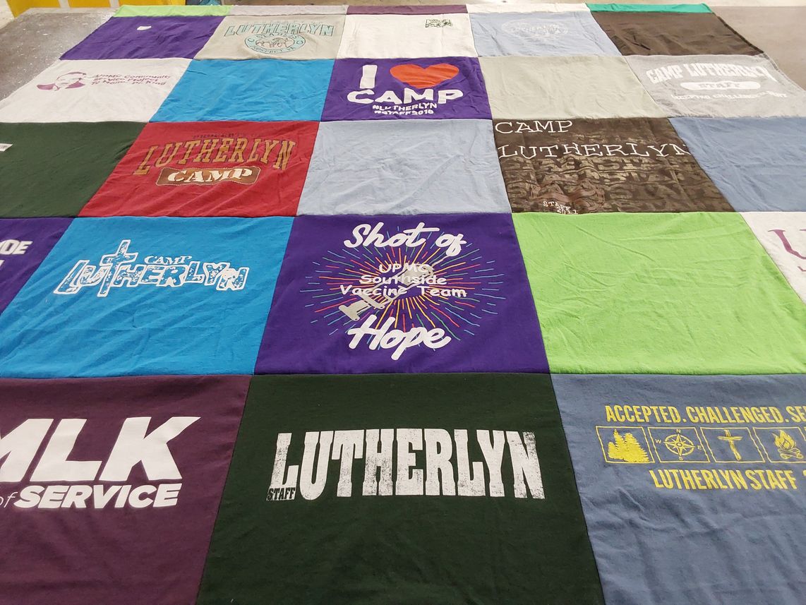 T-shirt quilt with summer camp, youth activities themes by LINDA from PA