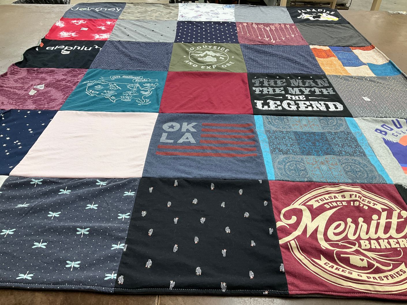 T-shirt quilt with travel, baking themes by Becky from OK