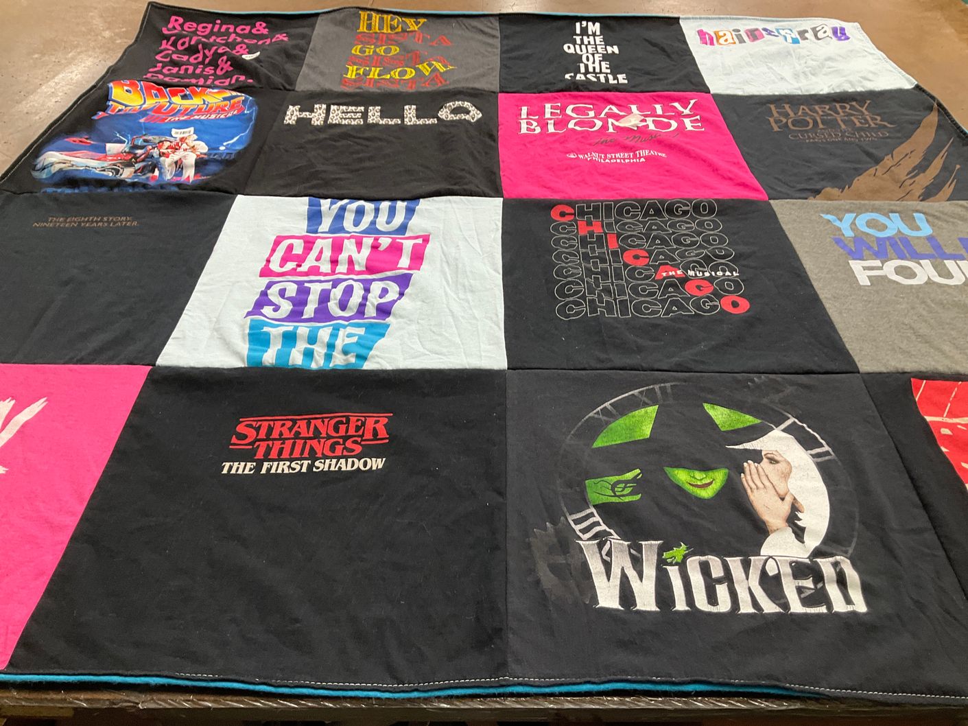 T-shirt quilt with musicals, theater themes by Anna from NJ