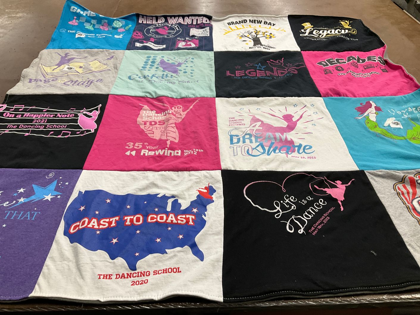 T-shirt quilt with dance, performing arts themes by Jennifer from MA