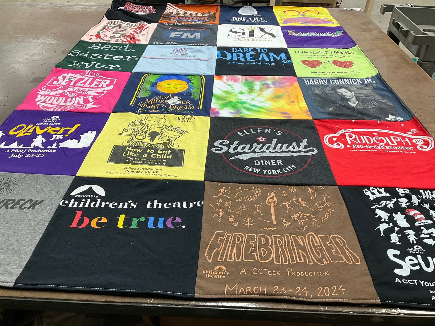 T-shirt quilt with theatre, musicals themes by Rachel from SC