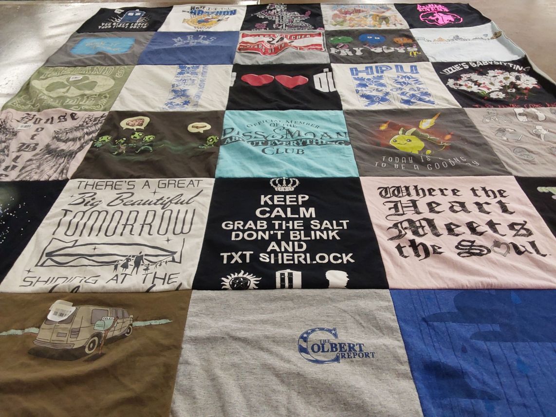 T-shirt quilt with television, comics themes by Kelly from NC