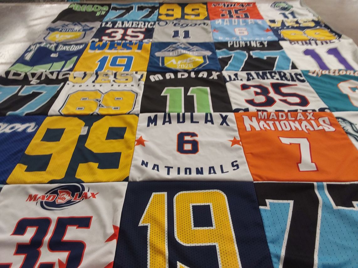 T-shirt quilt with lacrosse themes by Ryan from OR
