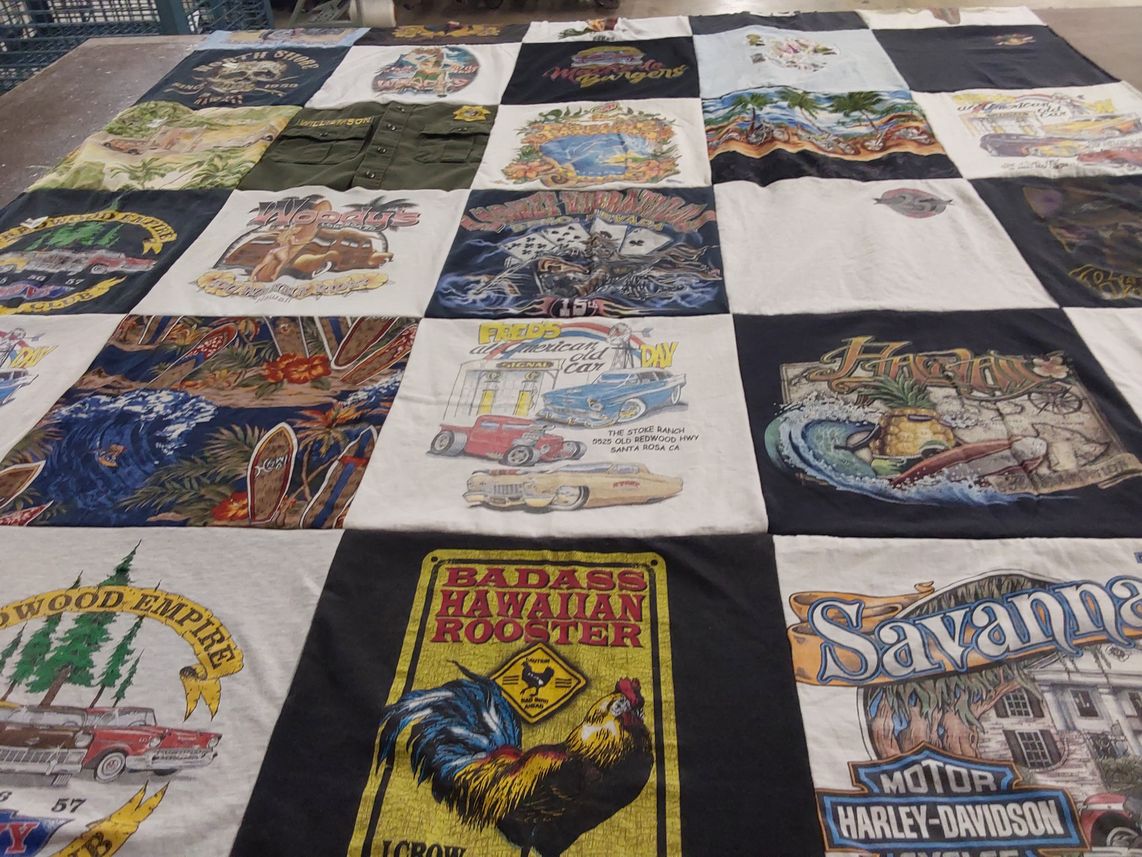 T-shirt quilt with motorcycles, surfing themes by Dusti from NY
