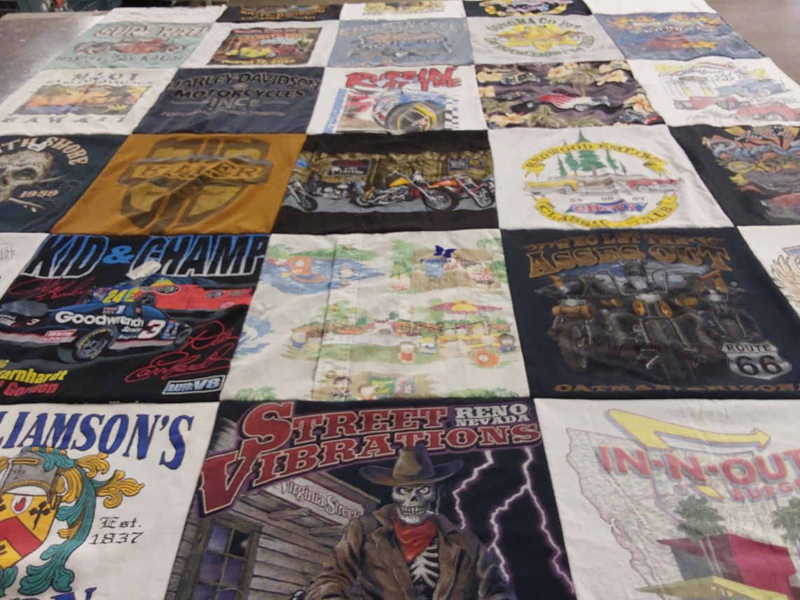 T-shirt quilt with motorcycles, cars themes by Dusti from NY