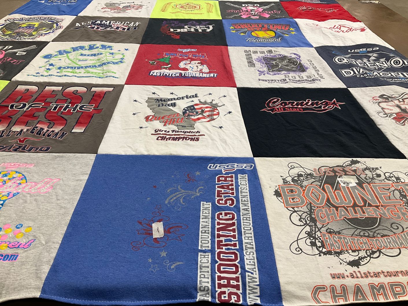 T-shirt quilt with softball, fastpitch themes by Gary from CA