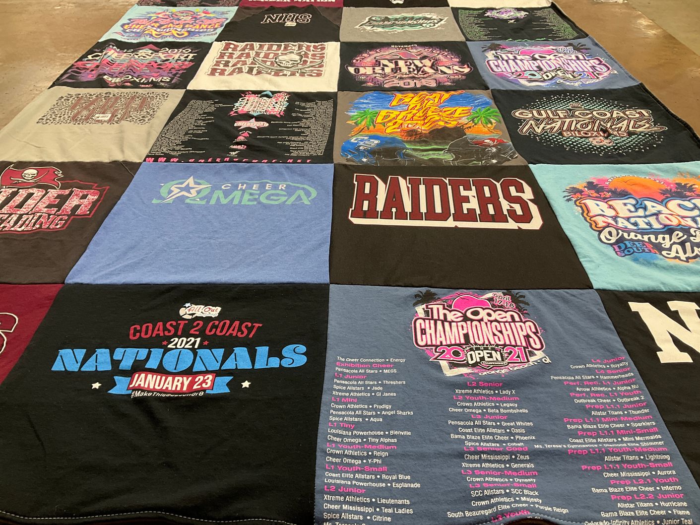 T-shirt quilt featuring raider cheerleading by Dana from FL