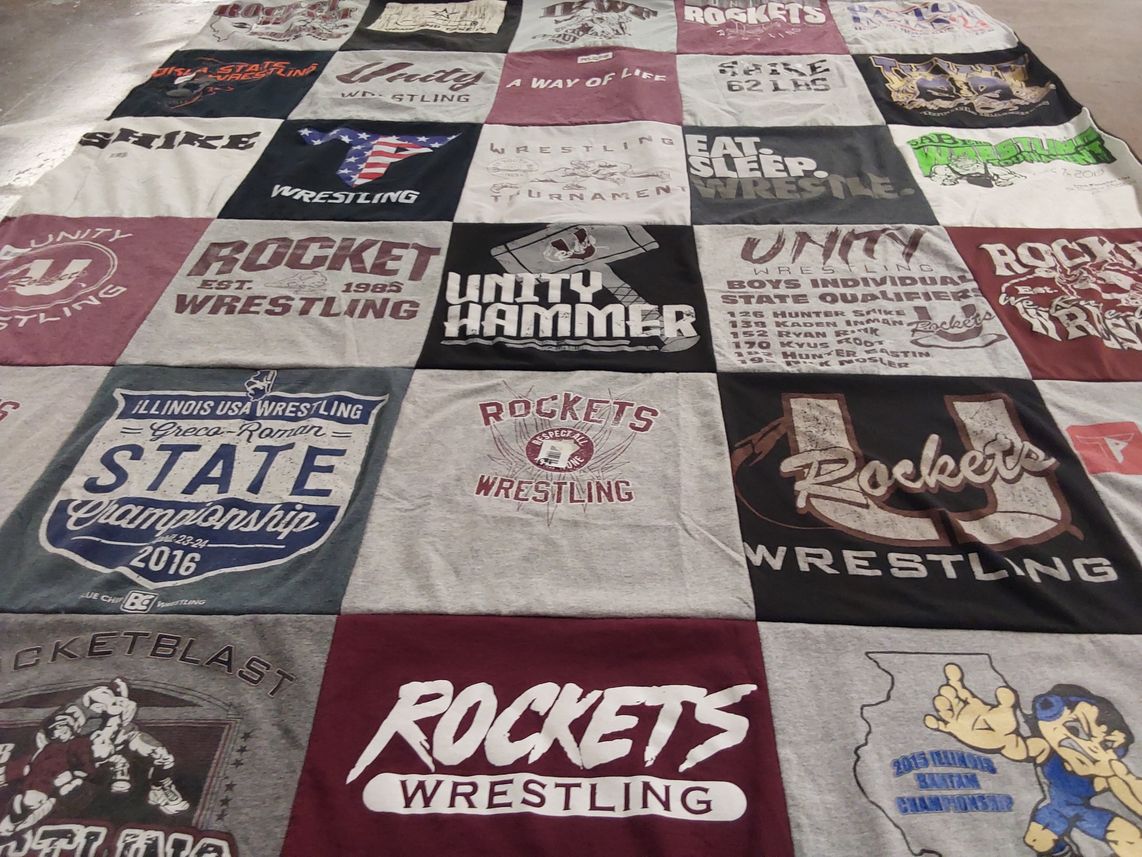 T-shirt quilt featuring rockets wrestling by Dan from IL