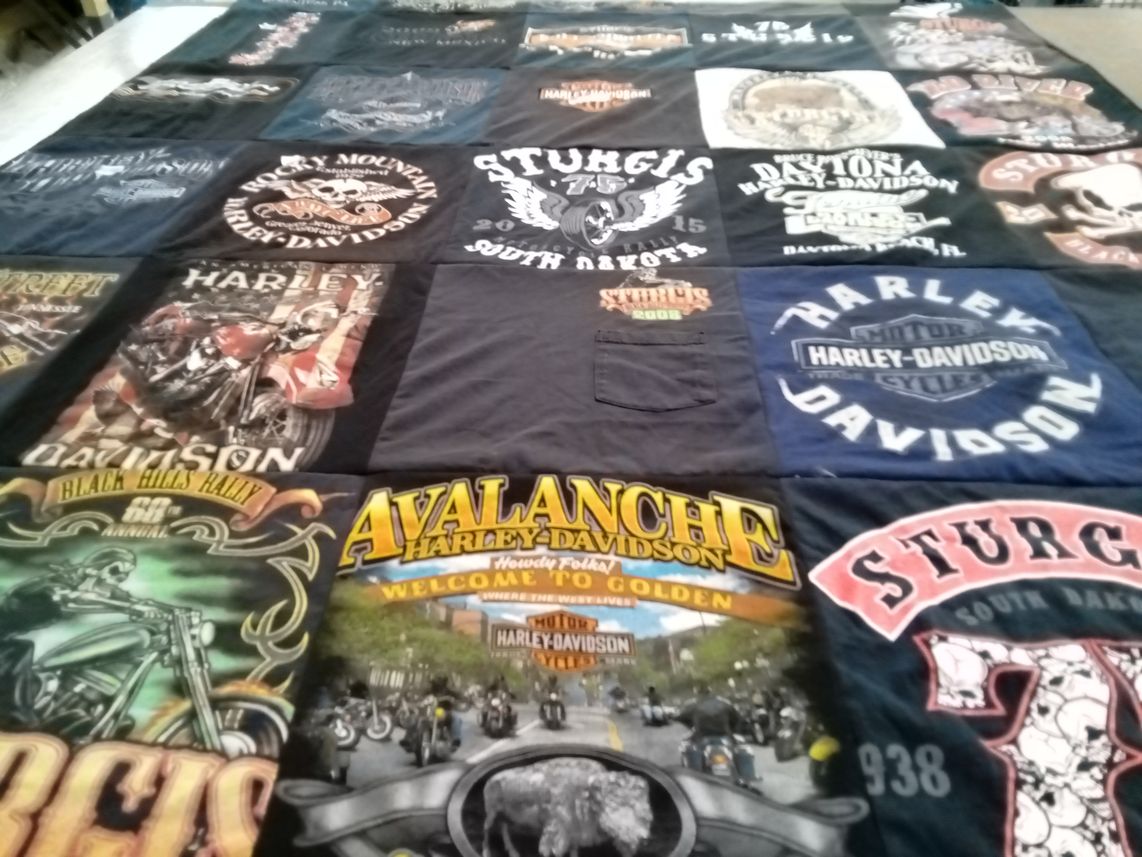 T-shirt quilt with motorcycles, biking themes by Bonnie from CO