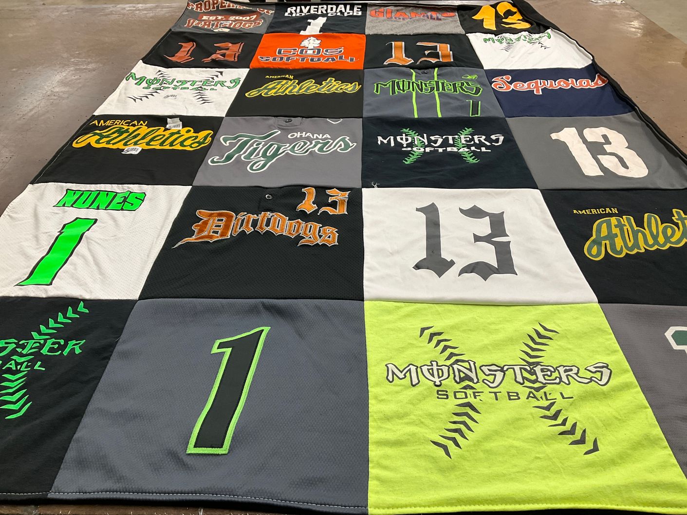 T-shirt quilt featuring dirt dogs, monsters softball by Kayla from CA
