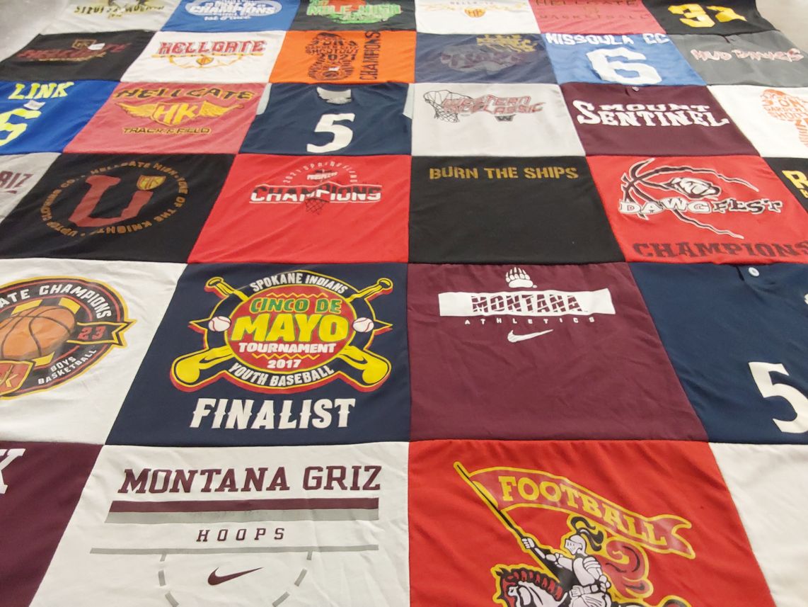 T-shirt quilt featuring montana grizzlies, hellgate high school by Keri from MT