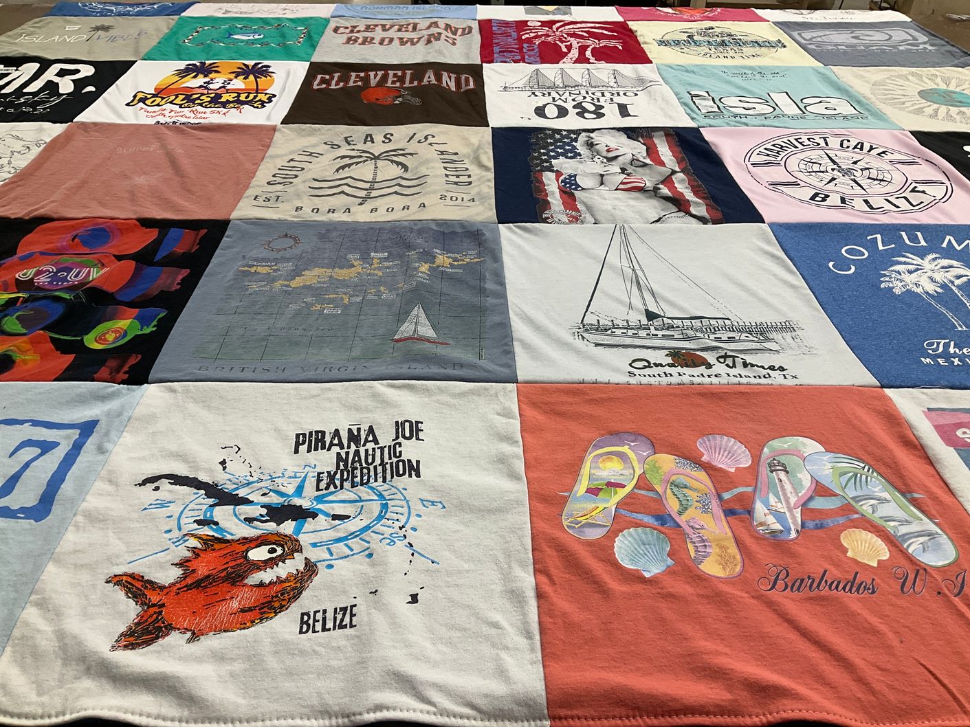 T-shirt quilt with travel, islands themes by Elaine from TX