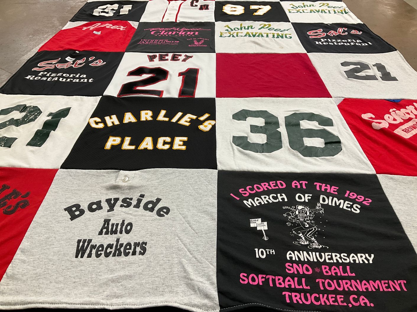 T-shirt quilt with softball, restaurants themes by Angie from CA