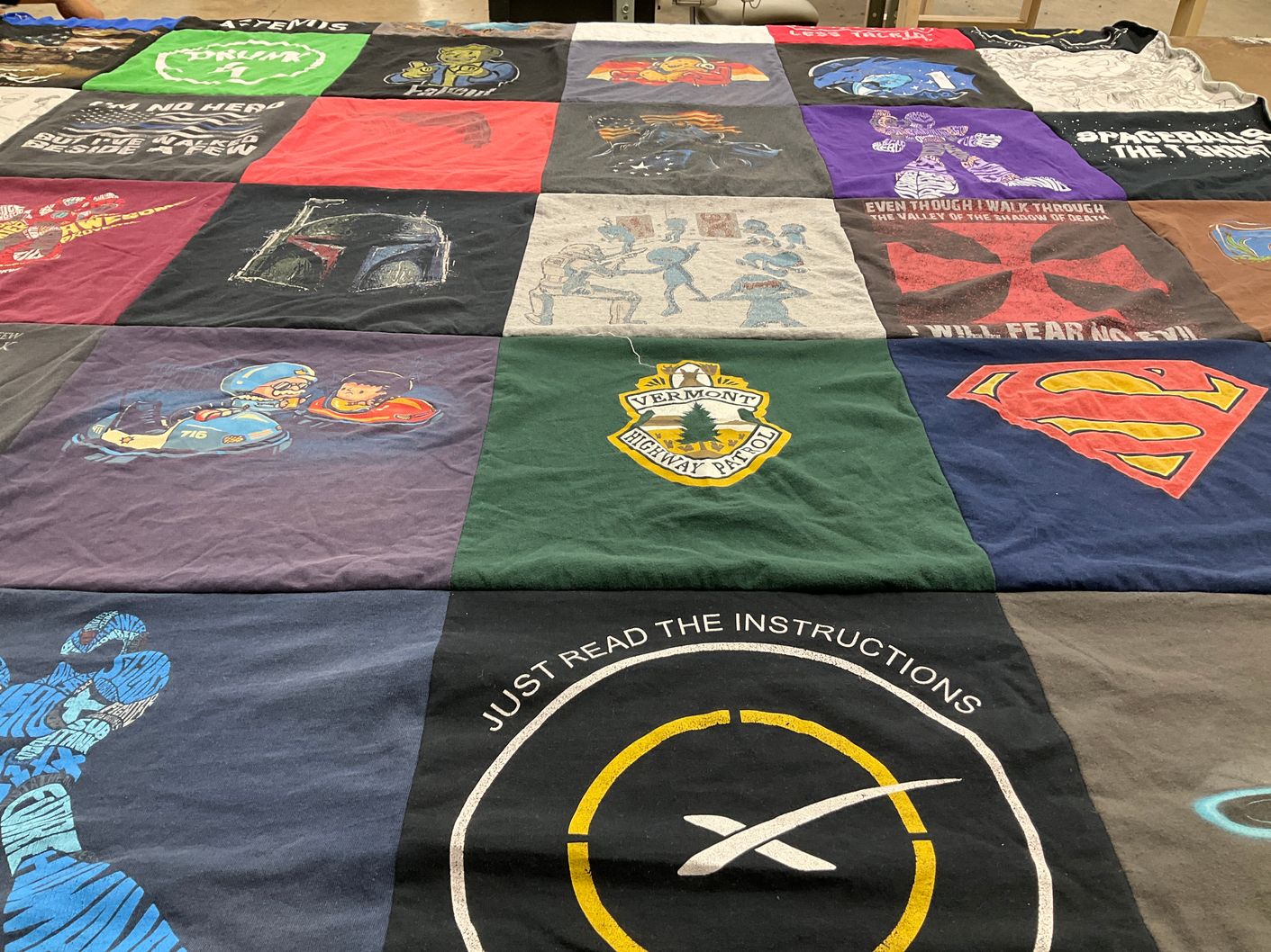 T-shirt quilt with movies, superheroes themes by Scott from FL