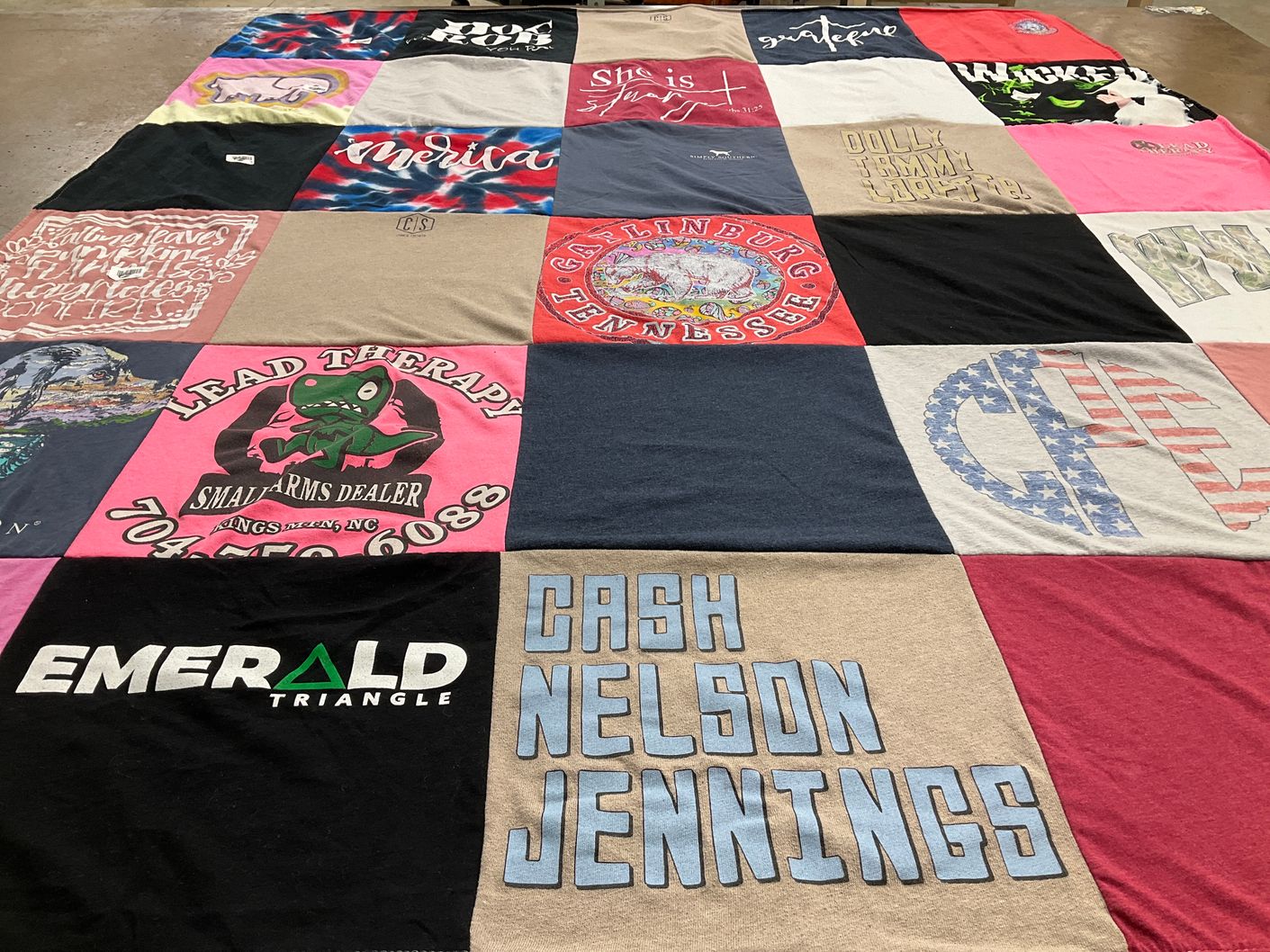 T-shirt quilt with music, theater themes by Dalton from NC