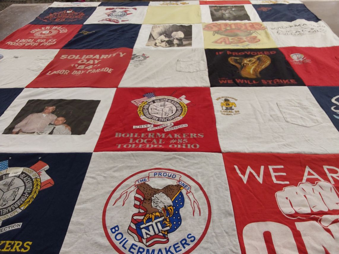 T-shirt quilt with labor rights, unions themes by Bonnie from FL