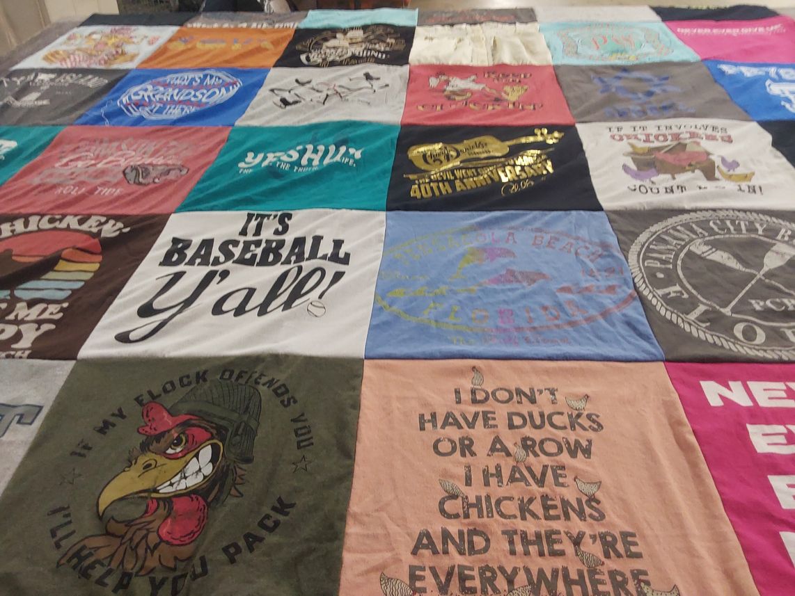 T-shirt quilt with baseball, chickens themes by Toni from TN