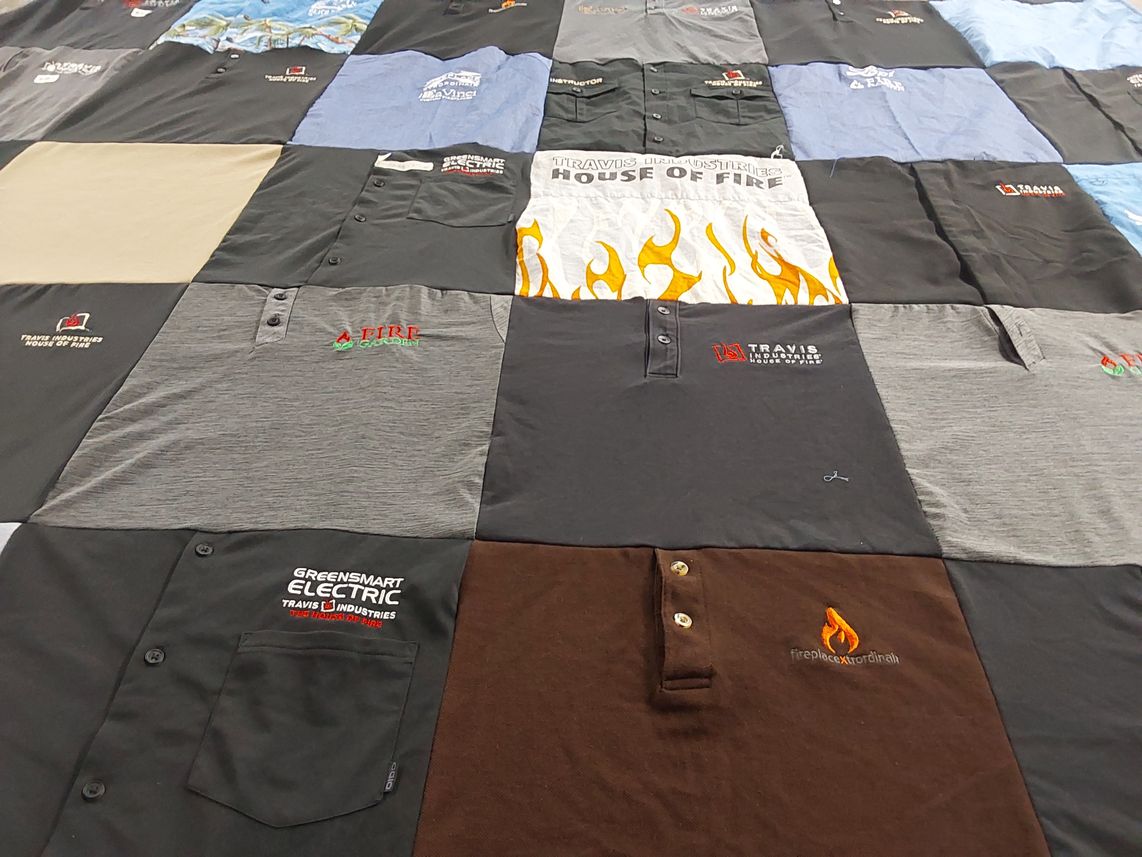 T-shirt quilt with fire safety, electric themes by Jeremy from OH