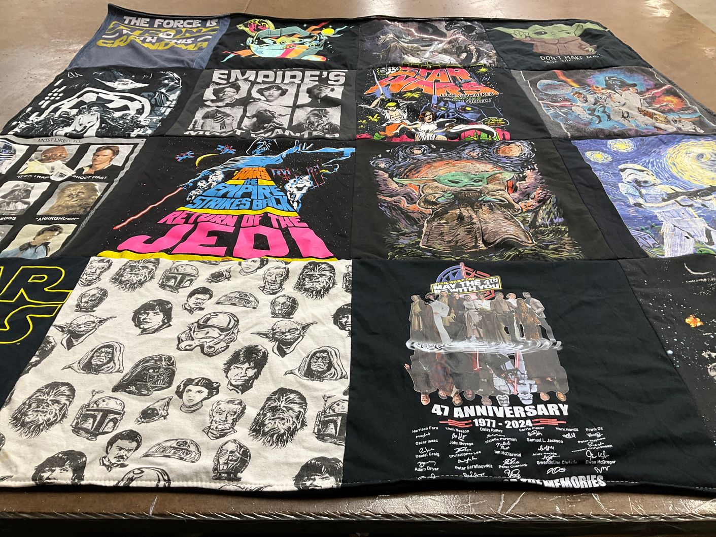 T-shirt quilt with star wars, geek culture themes by Maureen from FL