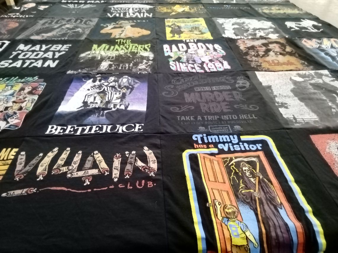 T-shirt quilt with horror movies, classic films themes by Jacqueline from NC