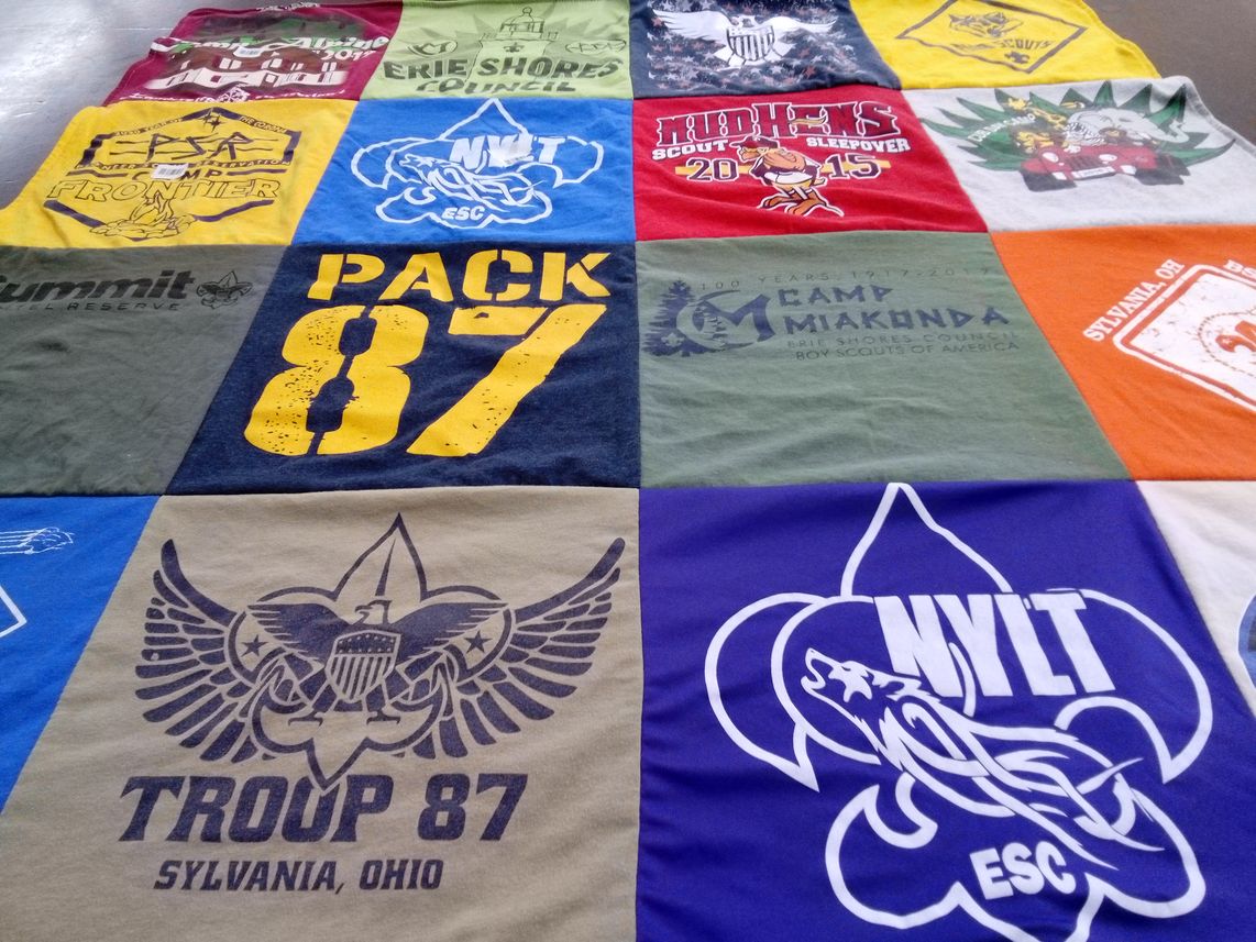 T-shirt quilt with scouting, outdoors themes by Michelle from OH