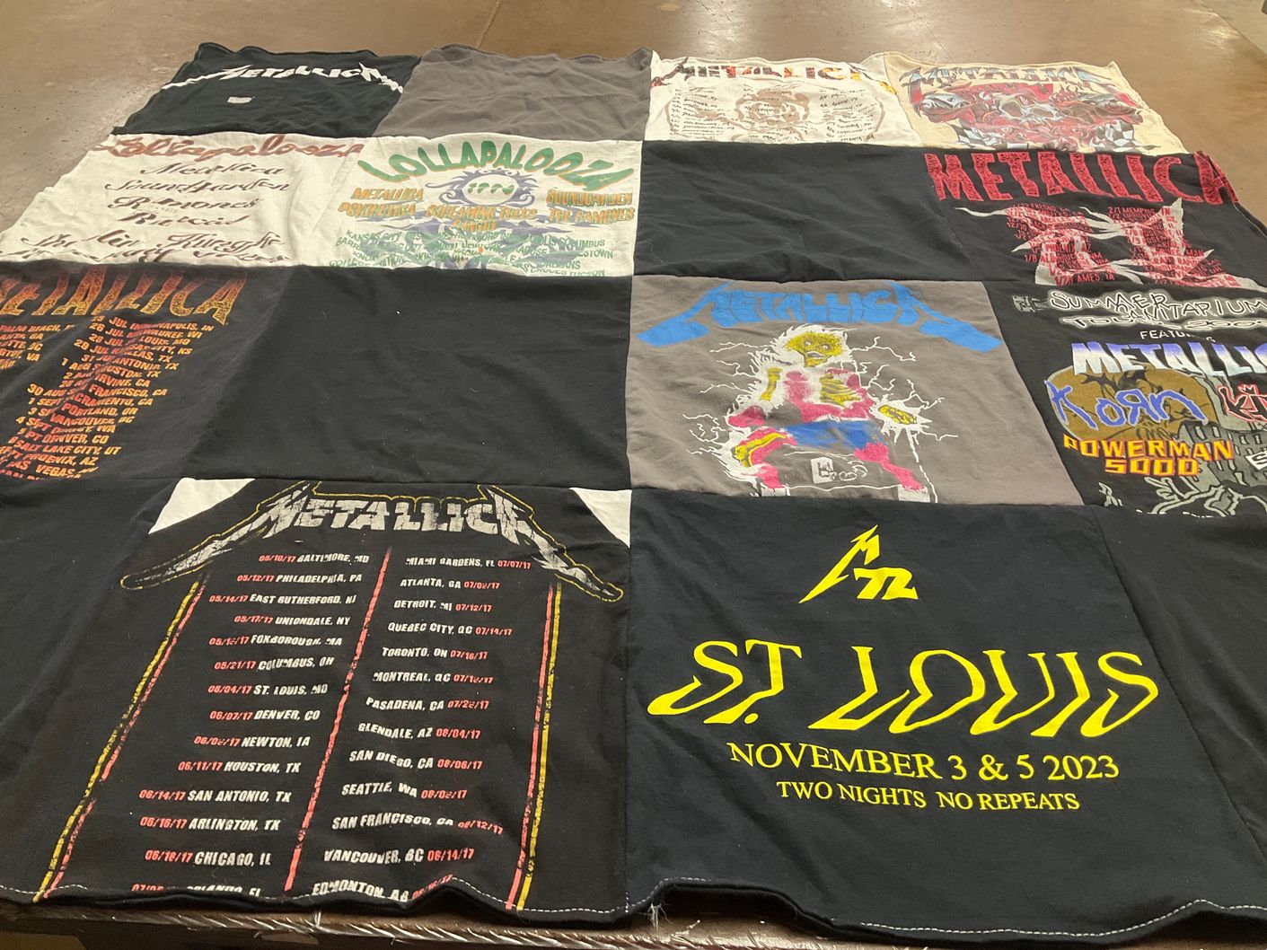T-shirt quilt with music festivals, rock music themes by Kris from MO