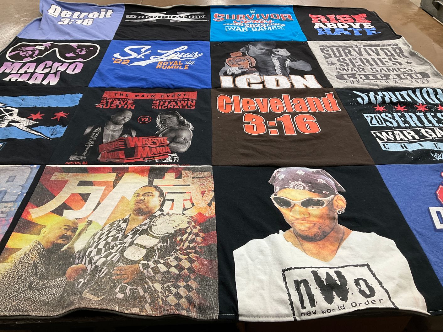 T-shirt quilt with wrestling themes by Joseph from IL