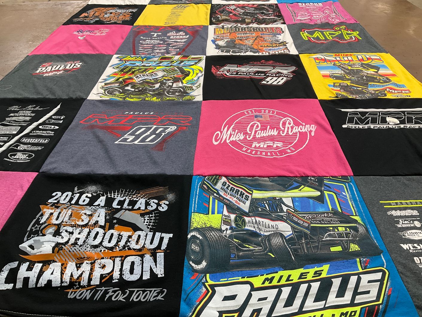 T-shirt quilt with racing themes by Jill from MO