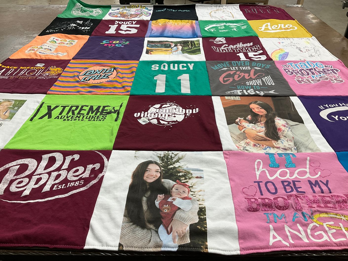 T-shirt quilt with family, adventure themes by Melissa from ME