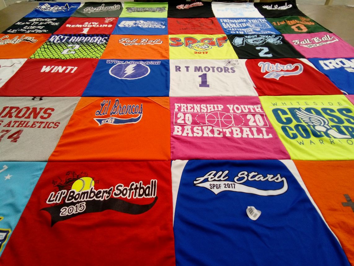 T-shirt quilt with sports, basketball themes by Lindsay from TX