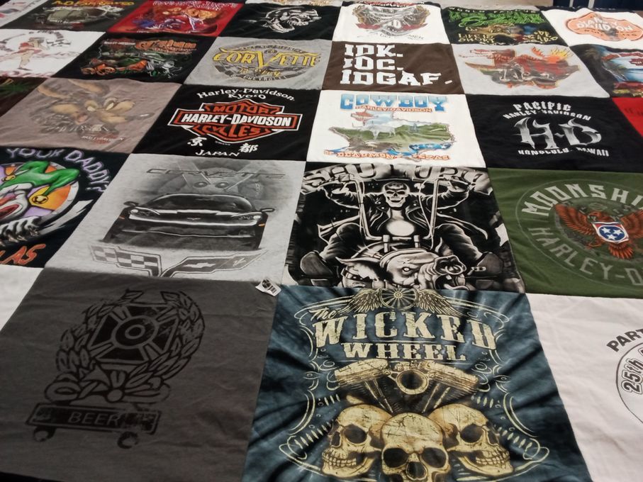 T-shirt quilt with motorcycles, cars themes by KENNETH from TX