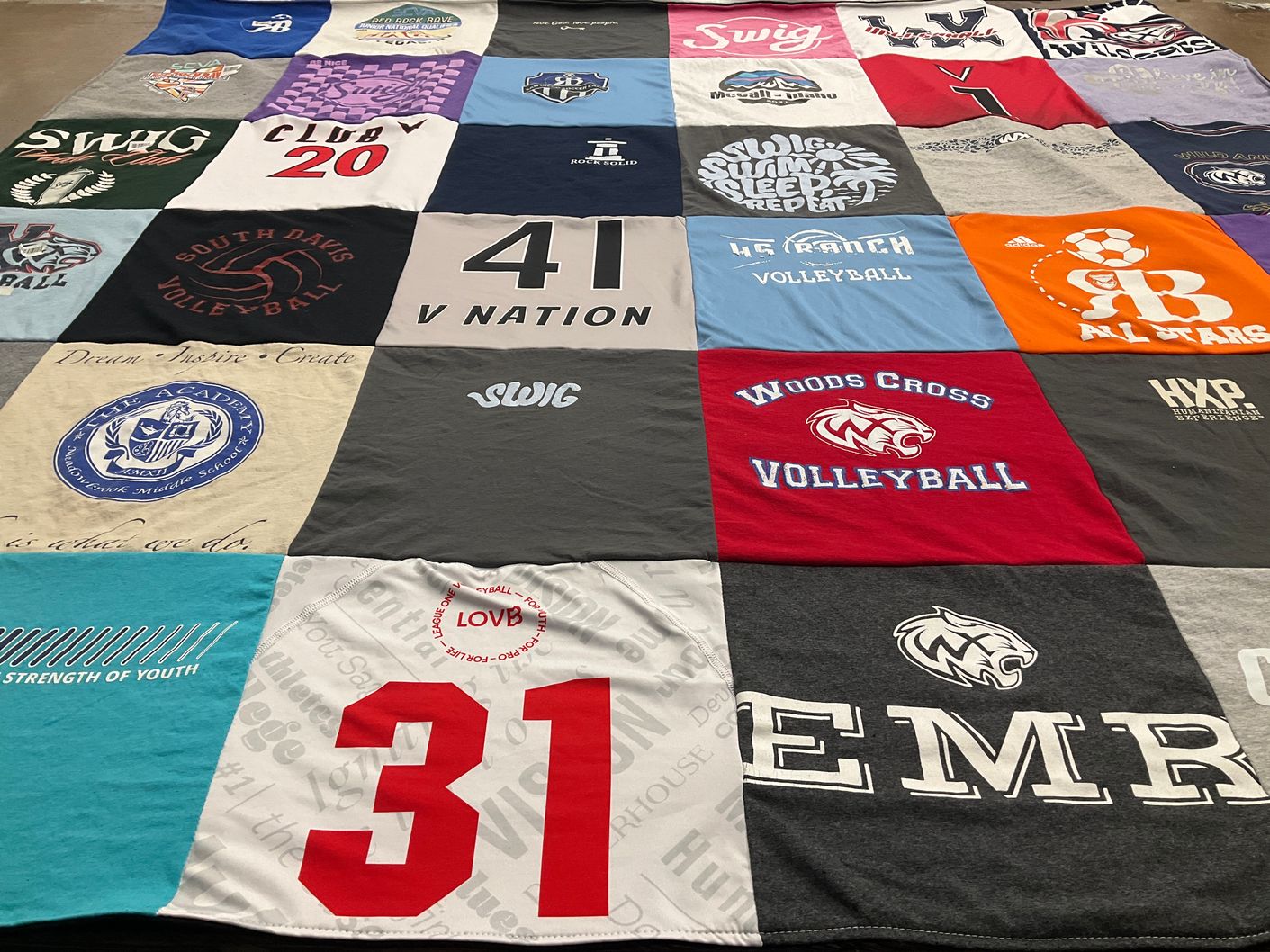 T-shirt quilt featuring woods cross volleyball by Kristi from UT