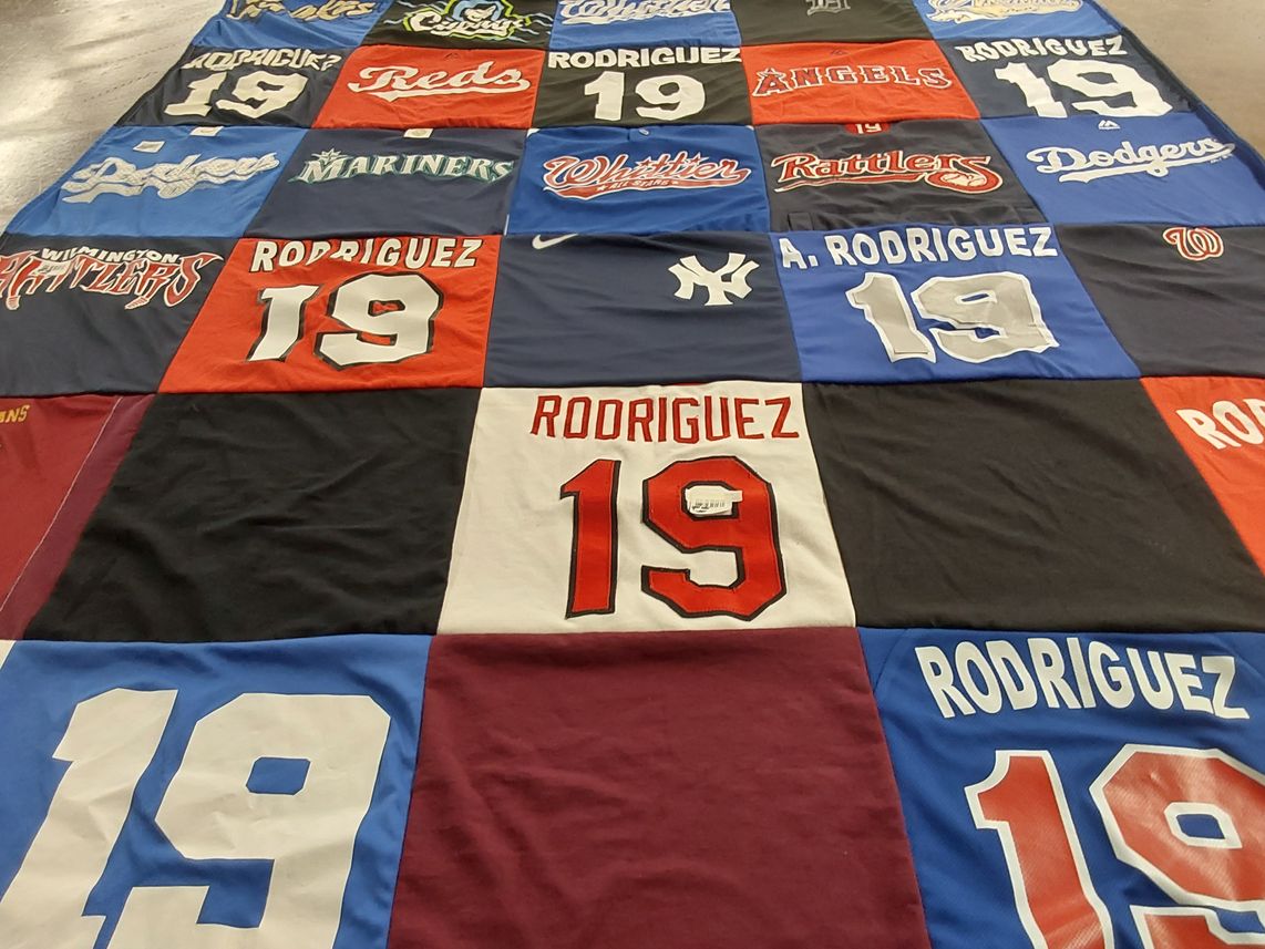 T-shirt quilt with sports, baseball themes by sandra from CA