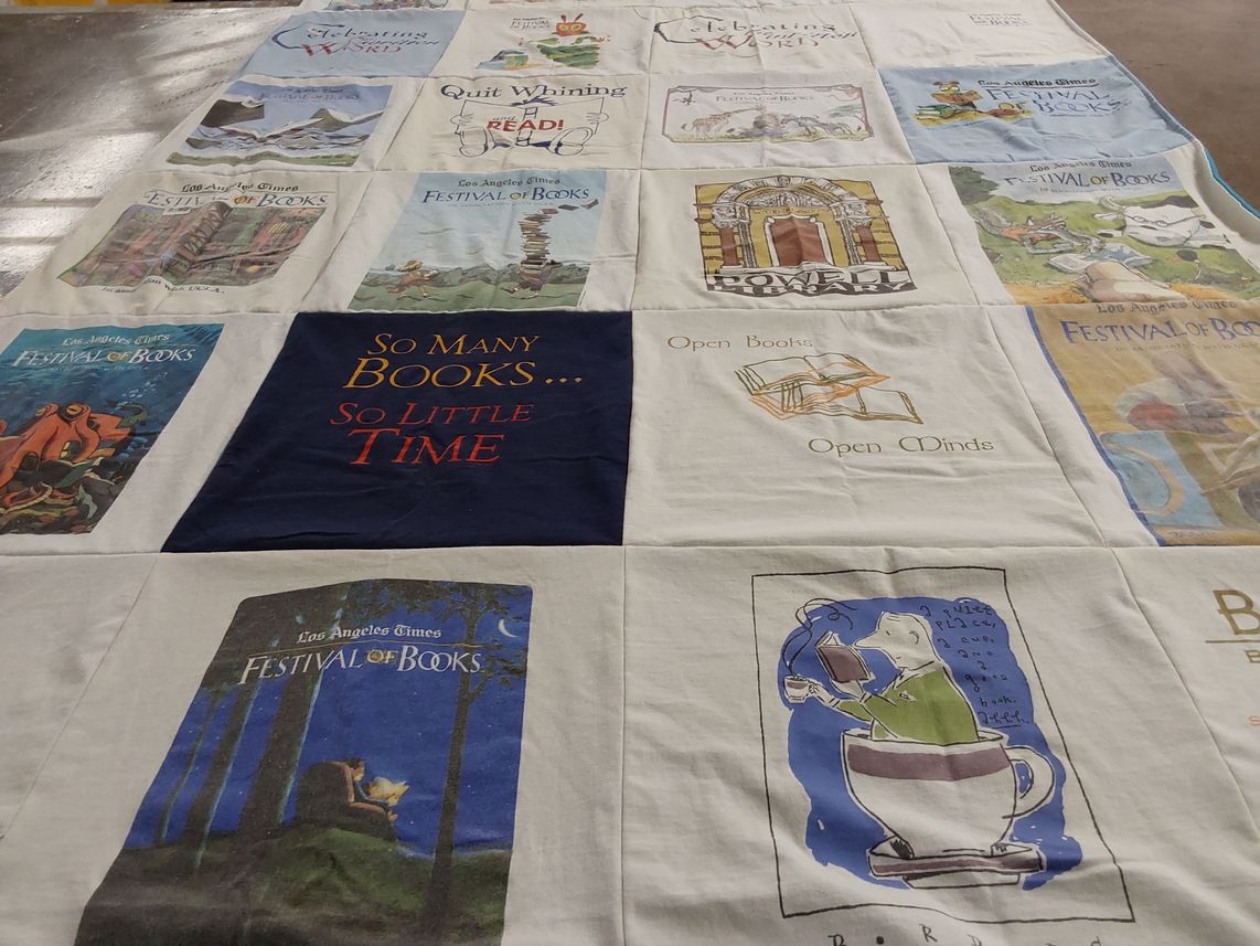 T-shirt quilt with reading, literature themes by Jody from CA