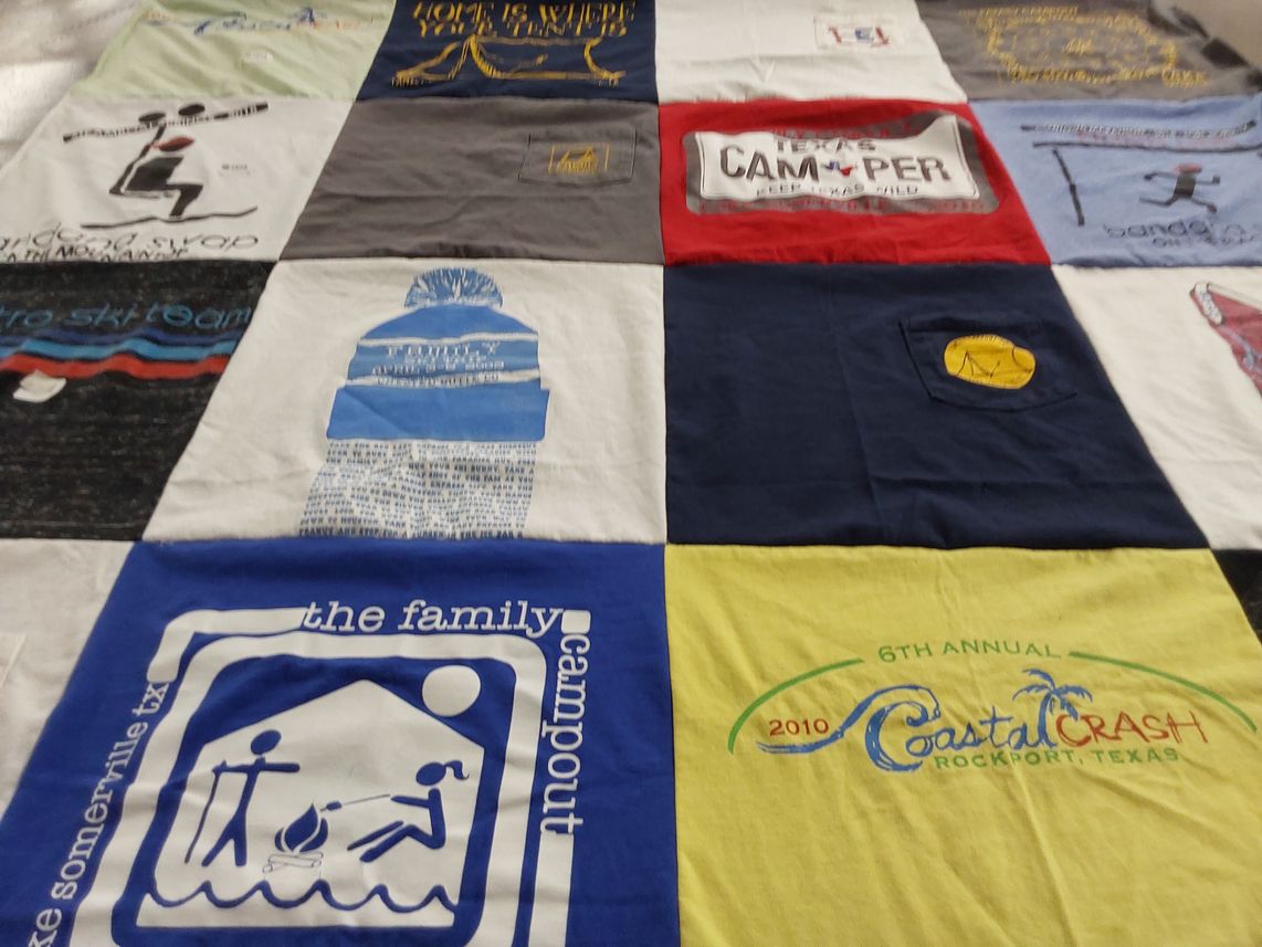 T-shirt quilt with camping, outdoors themes by Emily from TX