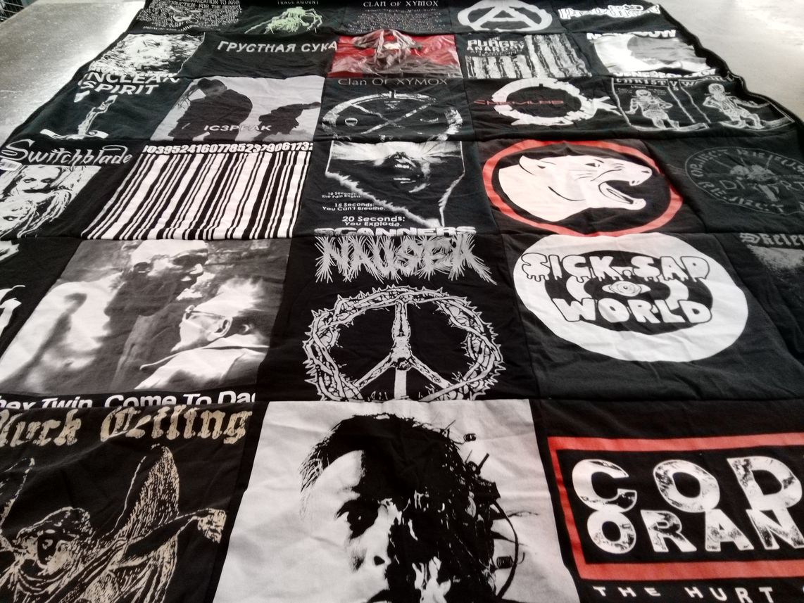 T-shirt quilt with music, punk themes by Cat from AZ